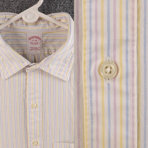 Brooks Brothers Blue Yellow Pink Striped Traditional 17 34 Cotton Easter Shirt - Picture 1 of 16